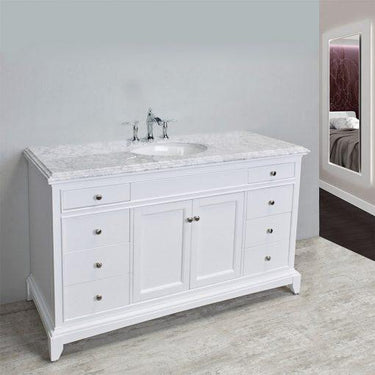 Eviva Elite Stamford 60″ White Single Sink Bathroom Vanity w/ Double Ogee Edge White Carrara Top Vanity Eviva